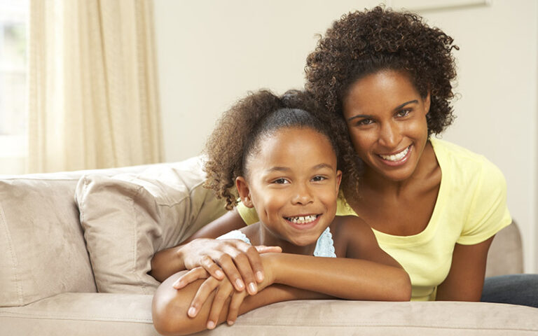 comfortable mom and daughter